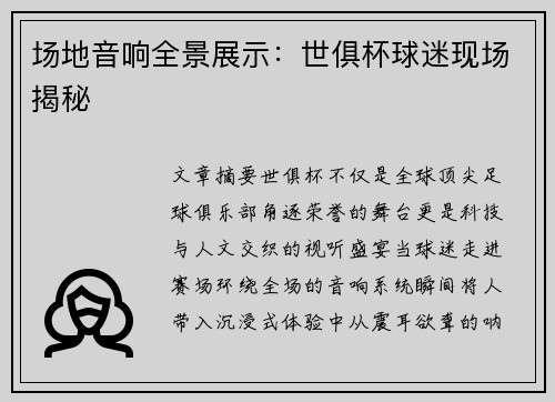 场地音响全景展示：世俱杯球迷现场揭秘